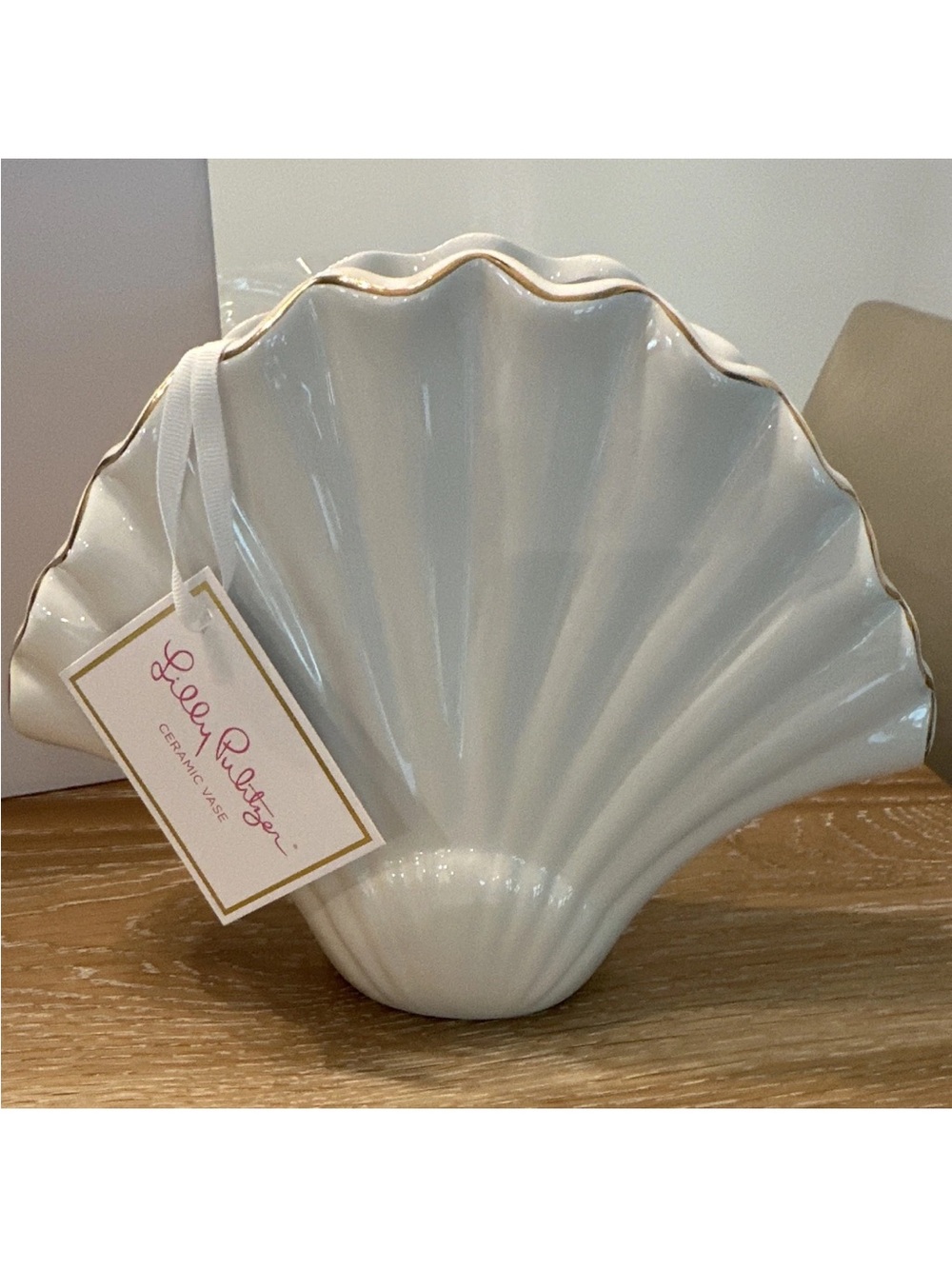 Lilly Pulitzer White Ceramic Shell Vase with Gold Trim